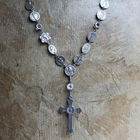 Antique French Flaming Heart Cross Necklace with 30 Antique Medals,Antique Sacred Heart of Jesus Rosary Connector & Bezel Set Crystals