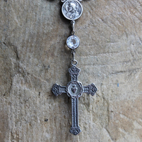Antique French Flaming Heart Cross Necklace with 30 Antique Medals,Antique Sacred Heart of Jesus Rosary Connector & Bezel Set Crystals
