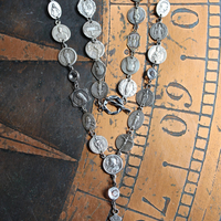 Antique French Flaming Heart Cross Necklace with 30 Antique Medals,Antique Sacred Heart of Jesus Rosary Connector & Bezel Set Crystals