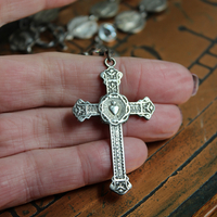 Antique French Flaming Heart Cross Necklace with 30 Antique Medals,Antique Sacred Heart of Jesus Rosary Connector & Bezel Set Crystals