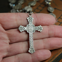 Antique French Flaming Heart Cross Necklace with 30 Antique Medals,Antique Sacred Heart of Jesus Rosary Connector & Bezel Set Crystals