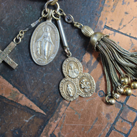 14K Italian Gold Bangle Bracelet w/Antique Marian Medal,Antique Foxtail Tassel,Rare Antique Sterling Vermeil Scapular Medal & Antique Engraved Rolled Gold Cross