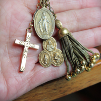 14K Italian Gold Bangle Bracelet w/Antique Marian Medal,Antique Foxtail Tassel,Rare Antique Sterling Vermeil Scapular Medal & Antique Engraved Rolled Gold Cross