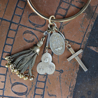 14K Italian Gold Bangle Bracelet w/Antique Marian Medal,Antique Foxtail Tassel,Rare Antique Sterling Vermeil Scapular Medal & Antique Engraved Rolled Gold Cross