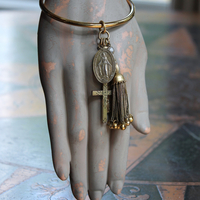 14K Italian Gold Bangle Bracelet w/Antique Marian Medal,Antique Foxtail Tassel,Rare Antique Sterling Vermeil Scapular Medal & Antique Engraved Rolled Gold Cross