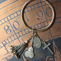 14K Italian Gold Bangle Bracelet w/Antique Marian Medal,Antique Foxtail Tassel,Rare Antique Sterling Vermeil Scapular Medal & Antique Engraved Rolled Gold Cross