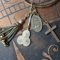 14K Italian Gold Bangle Bracelet w/Antique Marian Medal,Antique Foxtail Tassel,Rare Antique Sterling Vermeil Scapular Medal & Antique Engraved Rolled Gold Cross