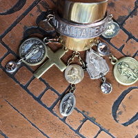 On the Altar of God Ring Wide Sterling Vermeil Band Ring,Tiny Antique French Medals and Cross,Tiny Bezel Set Rock Crystals