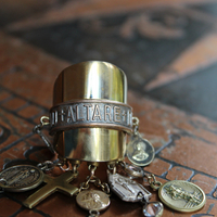 On the Altar of God Ring Wide Sterling Vermeil Band Ring,Tiny Antique French Medals and Cross,Tiny Bezel Set Rock Crystals