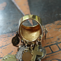 On the Altar of God Ring Wide Sterling Vermeil Band Ring,Tiny Antique French Medals and Cross,Tiny Bezel Set Rock Crystals