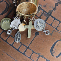 On the Altar of God Ring Wide Sterling Vermeil Band Ring,Tiny Antique French Medals and Cross,Tiny Bezel Set Rock Crystals