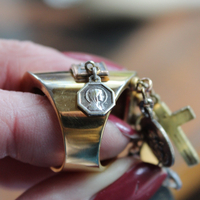 On the Altar of God Ring Wide Sterling Vermeil Band Ring,Tiny Antique French Medals and Cross,Tiny Bezel Set Rock Crystals