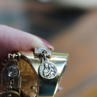 On the Altar of God Ring Wide Sterling Vermeil Band Ring,Tiny Antique French Medals and Cross,Tiny Bezel Set Rock Crystals