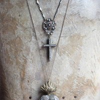 Unique Antique French Flaming Heart Ex Voto Locket & Cross Set w/Antique Faceted Prong Set Rhinestones, Filigree Connector, Embossed Bar Link Chain