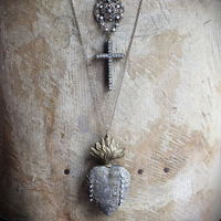Unique Antique French Flaming Heart Ex Voto Locket & Cross Set w/Antique Faceted Prong Set Rhinestones, Filigree Connector, Embossed Bar Link Chain