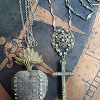 Unique Antique French Flaming Heart Ex Voto Locket & Cross Set w/Antique Faceted Prong Set Rhinestones, Filigree Connector, Embossed Bar Link Chain