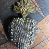 Unique Antique French Flaming Heart Ex Voto Locket & Cross Set w/Antique Faceted Prong Set Rhinestones, Filigree Connector, Embossed Bar Link Chain