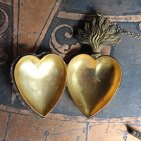 Unique Antique French Flaming Heart Ex Voto Locket & Cross Set w/Antique Faceted Prong Set Rhinestones, Filigree Connector, Embossed Bar Link Chain