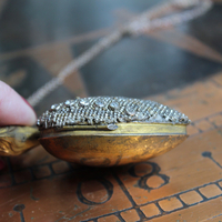 Unique Antique French Flaming Heart Ex Voto Locket & Cross Set w/Antique Faceted Prong Set Rhinestones, Filigree Connector, Embossed Bar Link Chain