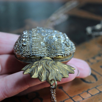 Unique Antique French Flaming Heart Ex Voto Locket & Cross Set w/Antique Faceted Prong Set Rhinestones, Filigree Connector, Embossed Bar Link Chain