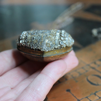 Unique Antique French Flaming Heart Ex Voto Locket & Cross Set w/Antique Faceted Prong Set Rhinestones, Filigree Connector, Embossed Bar Link Chain