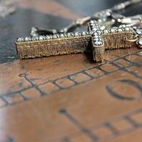 Unique Antique French Flaming Heart Ex Voto Locket & Cross Set w/Antique Faceted Prong Set Rhinestones, Filigree Connector, Embossed Bar Link Chain