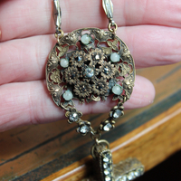 Unique Antique French Flaming Heart Ex Voto Locket & Cross Set w/Antique Faceted Prong Set Rhinestones, Filigree Connector, Embossed Bar Link Chain