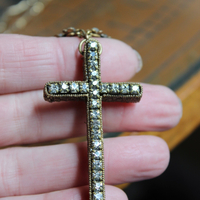 Unique Antique French Flaming Heart Ex Voto Locket & Cross Set w/Antique Faceted Prong Set Rhinestones, Filigree Connector, Embossed Bar Link Chain