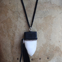 SOLD to J The Portal Necklace with Unusual Selenite Shield Pendant, Raven Wing Feather and Black Suede Leather Ties