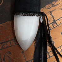 SOLD to J The Portal Necklace with Unusual Selenite Shield Pendant, Raven Wing Feather and Black Suede Leather Ties