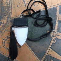 SOLD to J The Portal Necklace with Unusual Selenite Shield Pendant, Raven Wing Feather and Black Suede Leather Ties