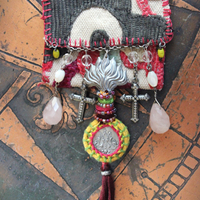 Antique Corduroy Textile Pouch Necklace with Unique Tassel,Faceted Rose Quartz Tear Drops,Antique Rosary Fragments,Antique Scapular & More!