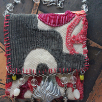 Antique Corduroy Textile Pouch Necklace with Unique Tassel,Faceted Rose Quartz Tear Drops,Antique Rosary Fragments,Antique Scapular & More!