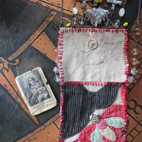 Antique Corduroy Textile Pouch Necklace with Unique Tassel,Faceted Rose Quartz Tear Drops,Antique Rosary Fragments,Antique Scapular & More!