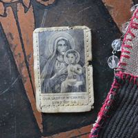 Antique Corduroy Textile Pouch Necklace with Unique Tassel,Faceted Rose Quartz Tear Drops,Antique Rosary Fragments,Antique Scapular & More!
