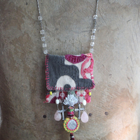 Antique Corduroy Textile Pouch Necklace with Unique Tassel,Faceted Rose Quartz Tear Drops,Antique Rosary Fragments,Antique Scapular & More!