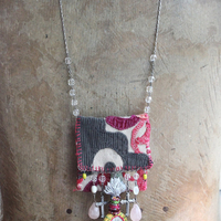 Antique Corduroy Textile Pouch Necklace with Unique Tassel,Faceted Rose Quartz Tear Drops,Antique Rosary Fragments,Antique Scapular & More!