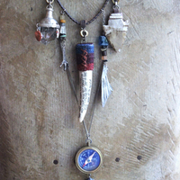 Prayer of the 7 Directions Necklace Set w/Inscribed Antler Pendant,Unique Clear Quartz Point Drop, Antique Arrowhead, Compass & More!