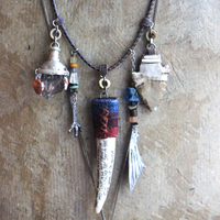 Prayer of the 7 Directions Necklace Set w/Inscribed Antler Pendant,Unique Clear Quartz Point Drop, Antique Arrowhead, Compass & More!