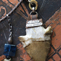Prayer of the 7 Directions Necklace Set w/Inscribed Antler Pendant,Unique Clear Quartz Point Drop, Antique Arrowhead, Compass & More!
