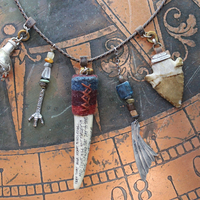 Prayer of the 7 Directions Necklace Set w/Inscribed Antler Pendant,Unique Clear Quartz Point Drop, Antique Arrowhead, Compass & More!