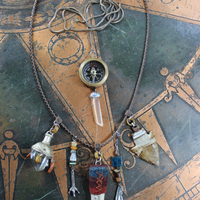 Prayer of the 7 Directions Necklace Set w/Inscribed Antler Pendant,Unique Clear Quartz Point Drop, Antique Arrowhead, Compass & More!