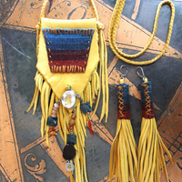 Butter Soft Leather Pouch Necklace & Earring Set w/Antique Serape Textile Fragments, Sterling Bezel Set Faceted Rock Crystal, Polished Kyanite & More!