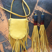 Butter Soft Leather Pouch Necklace & Earring Set w/Antique Serape Textile Fragments, Sterling Bezel Set Faceted Rock Crystal, Polished Kyanite & More!
