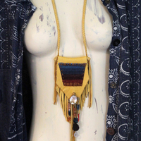 Butter Soft Leather Pouch Necklace & Earring Set w/Antique Serape Textile Fragments, Sterling Bezel Set Faceted Rock Crystal, Polished Kyanite & More!
