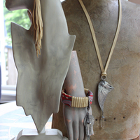 This is to Love Necklace, Bracelet & Earring Set with Real Bird Wing Pendant,Sterling Quartz Point Drops & Antique Embroidered Textile Fragments