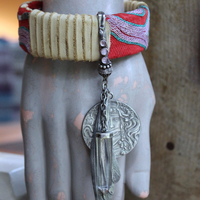 This is to Love Necklace, Bracelet & Earring Set with Real Bird Wing Pendant,Sterling Quartz Point Drops & Antique Embroidered Textile Fragments