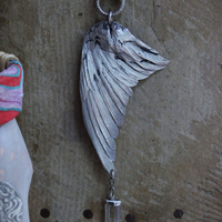 This is to Love Necklace, Bracelet & Earring Set with Real Bird Wing Pendant,Sterling Quartz Point Drops & Antique Embroidered Textile Fragments