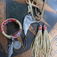 This is to Love Necklace, Bracelet & Earring Set with Real Bird Wing Pendant,Sterling Quartz Point Drops & Antique Embroidered Textile Fragments