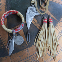 This is to Love Necklace, Bracelet & Earring Set with Real Bird Wing Pendant,Sterling Quartz Point Drops & Antique Embroidered Textile Fragments